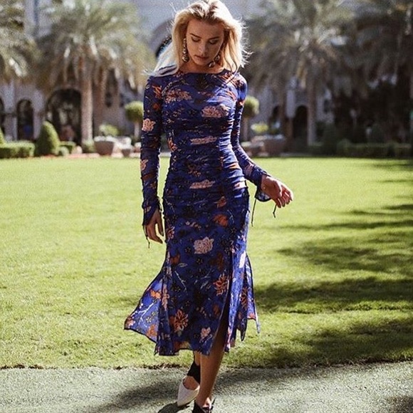 DVF | Canton Blue Mesh Overlay Blue Ruched Dress 4 - Picture 5 of 8